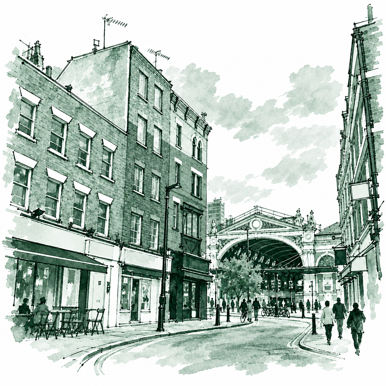 Dark-green illustration of Cowcross Street in Farringdon